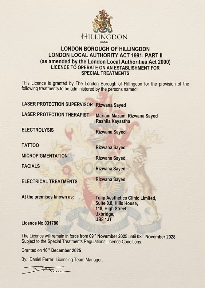 Official London Borough of Hillingdon Special Treatments Licence Certificate for Rizwana Sayed Licence 031780